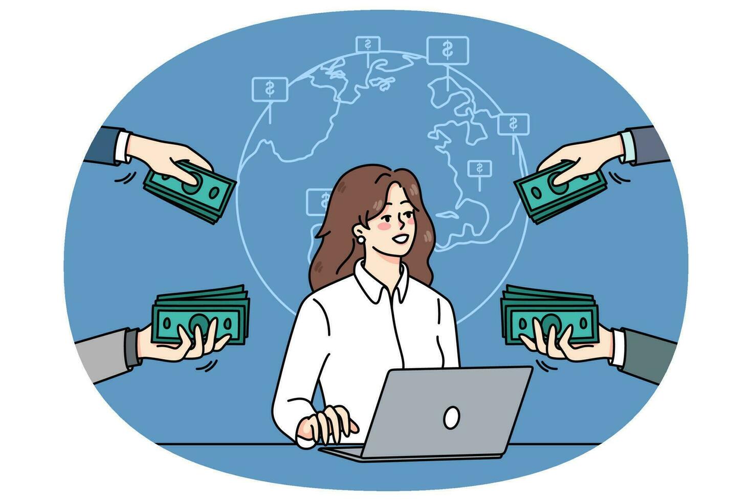 affärskvinna arbete på dator skaffa sig pengar internationellt vektor