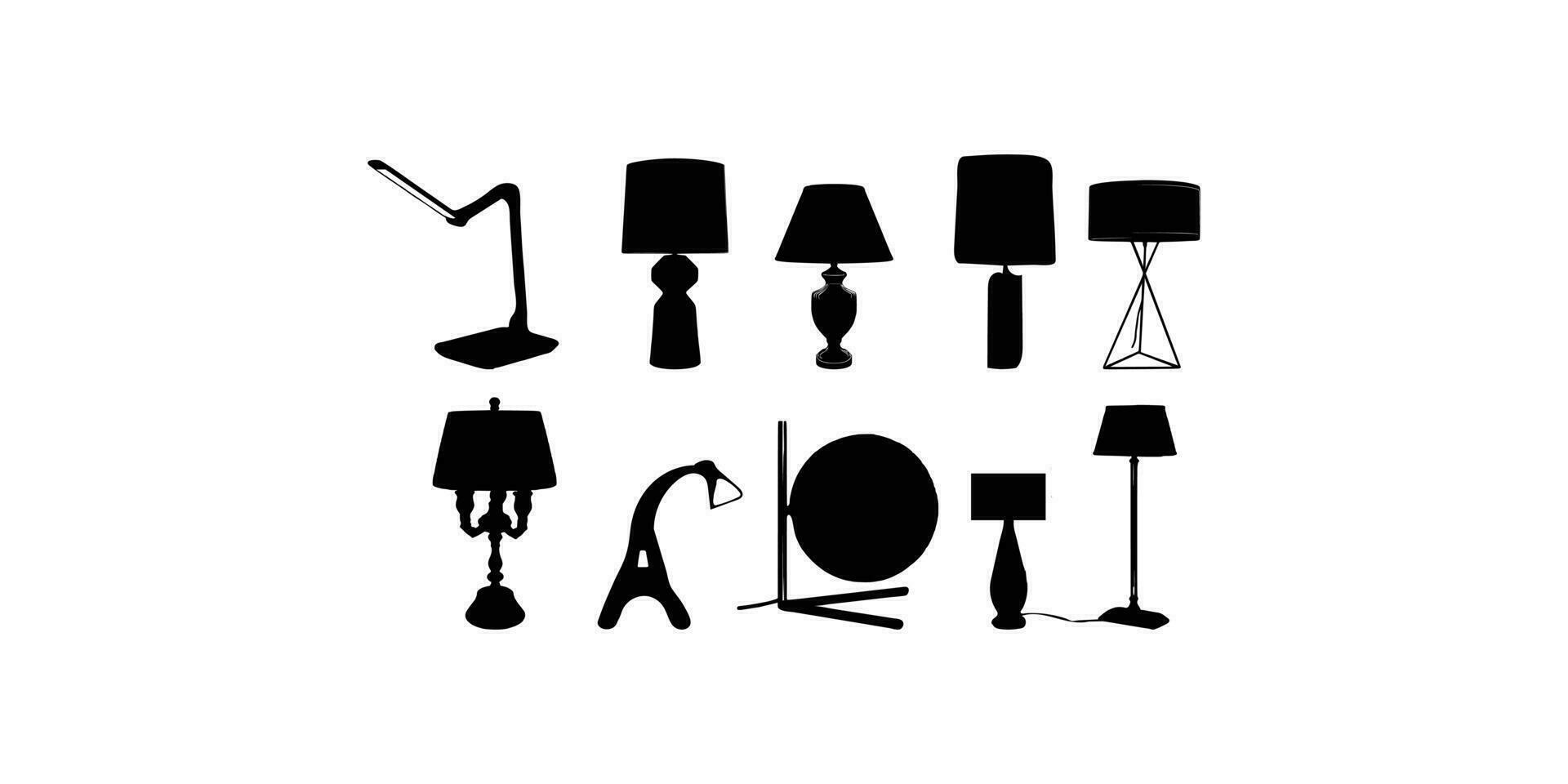 zehn Tabelle Licht Silhouette, Lampen eben Stil Vektor Illustration. schwarz Licht, Lampe Silhouette Satz, Lampen Satz.