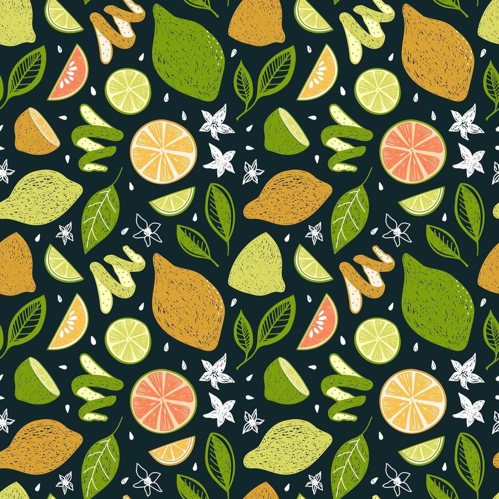 dunkelgrüner Hintergrund mit hellen Zitrusfrüchten und Blättern vektor