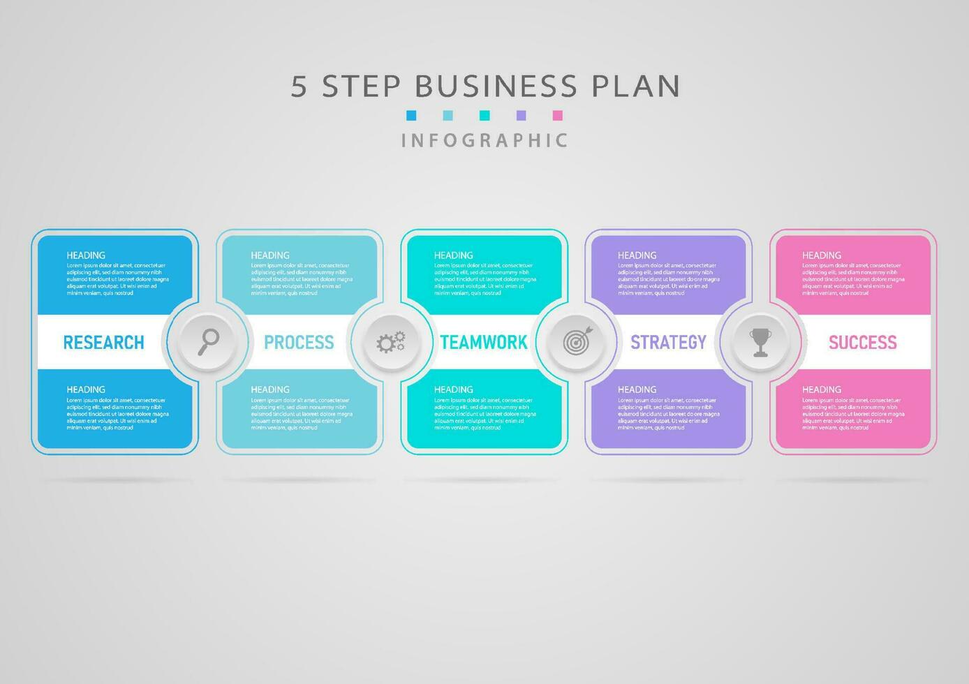 modern infographic 5 steg företag planen Framgång fyrkant och cirkel plätt mång Färg ikoner i Centrum grå lutning bakgrund. design för marknadsföring, investering, finansiera, planera, produkt. vektor