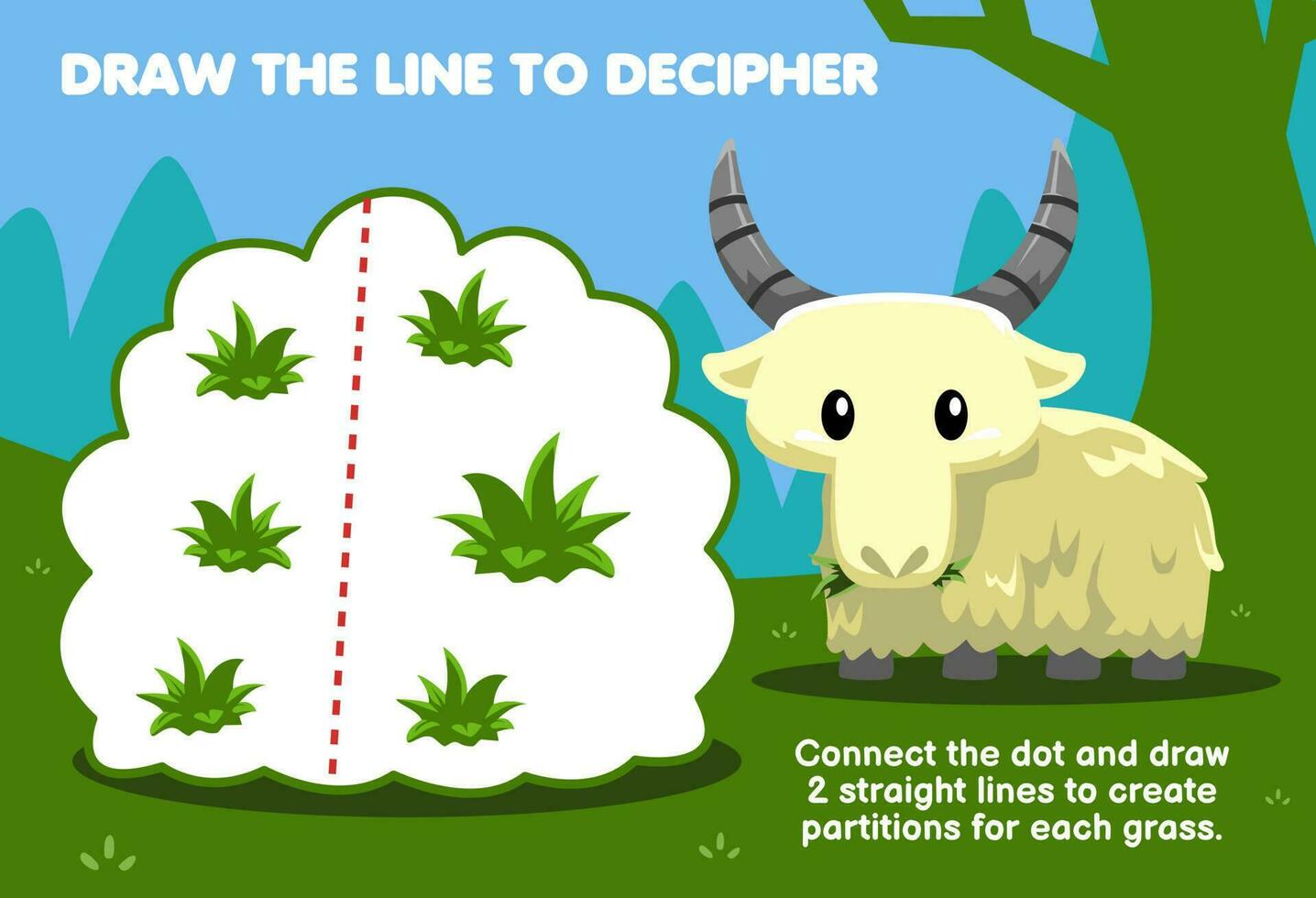 Bildung Spiel zum Kinder Hilfe Ziege zeichnen das Linien zu trennen Gras druckbar Tier Arbeitsblatt vektor