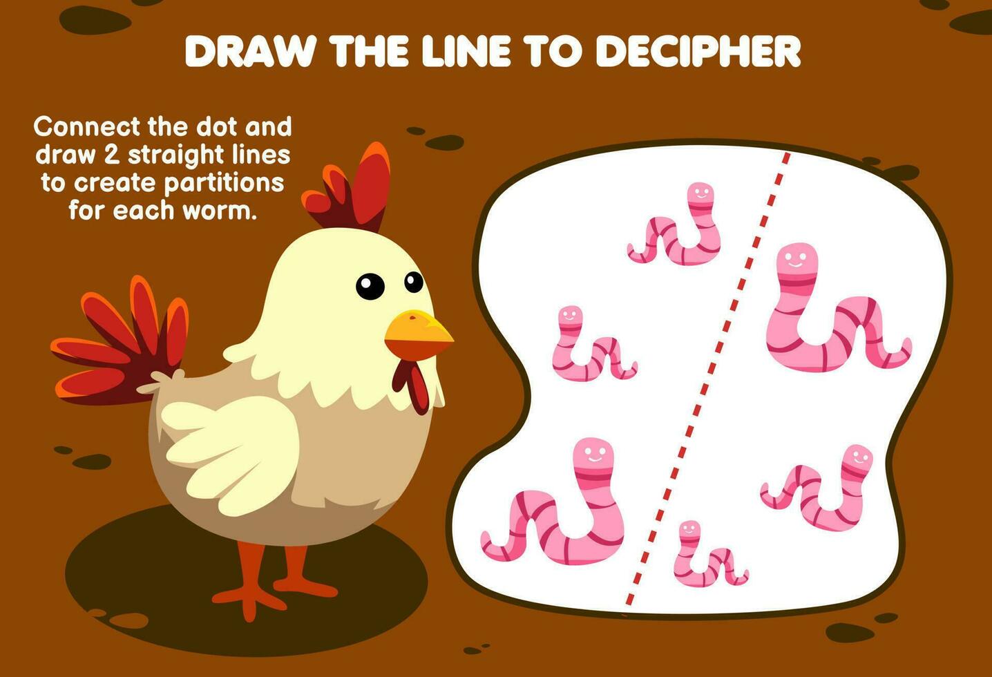 Bildung Spiel zum Kinder Hilfe Hähnchen zeichnen das Linien zu trennen Wurm druckbar Tier Arbeitsblatt vektor