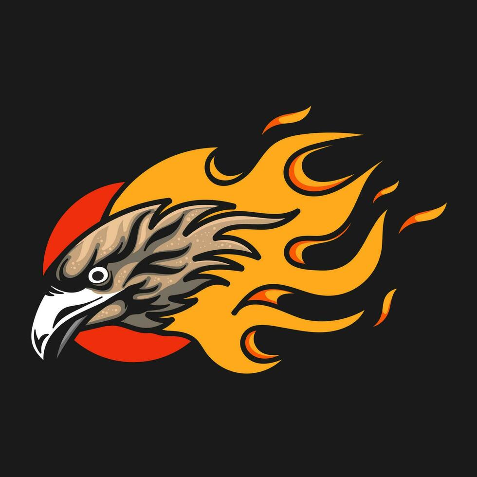 Adler Kopf mit Feuer Flammen isoliert auf schwarz Hintergrund. Vektor Illustration.