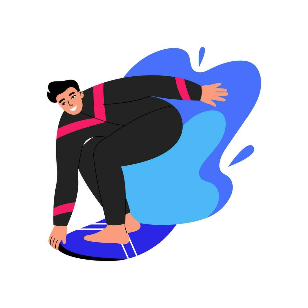 manlig karaktär surfing. surfare stående på surfingbräda i Vinka. platt vektor illustration på vit bakgrund.