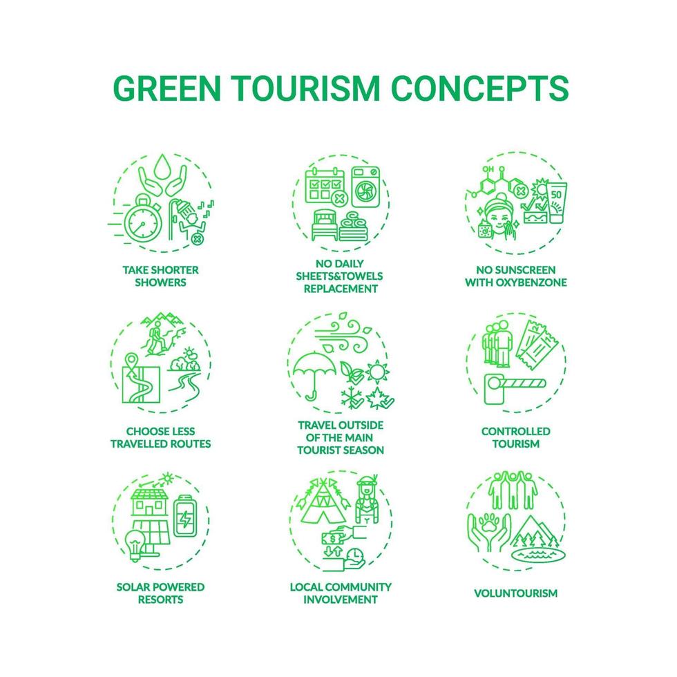 grüne Tourismuskonzeptikonen eingestellt vektor