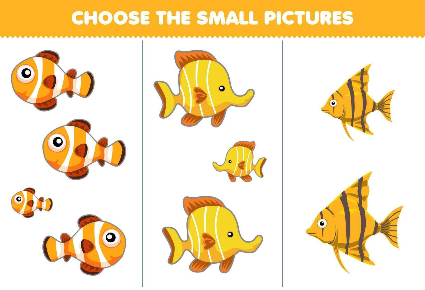 utbildning spel för barn välja de små bild av söt tecknad serie gul fisk tryckbar djur- kalkylblad vektor