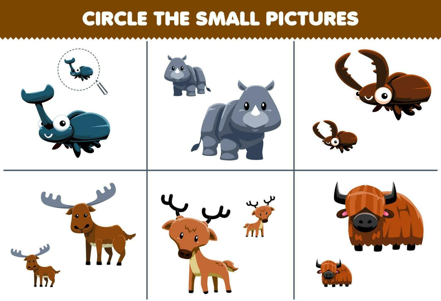 Bildung Spiel zum Kinder Kreis das klein Bild von süß Karikatur Käfer Nashorn Elch Hirsch Yak druckbar Tier Arbeitsblatt vektor