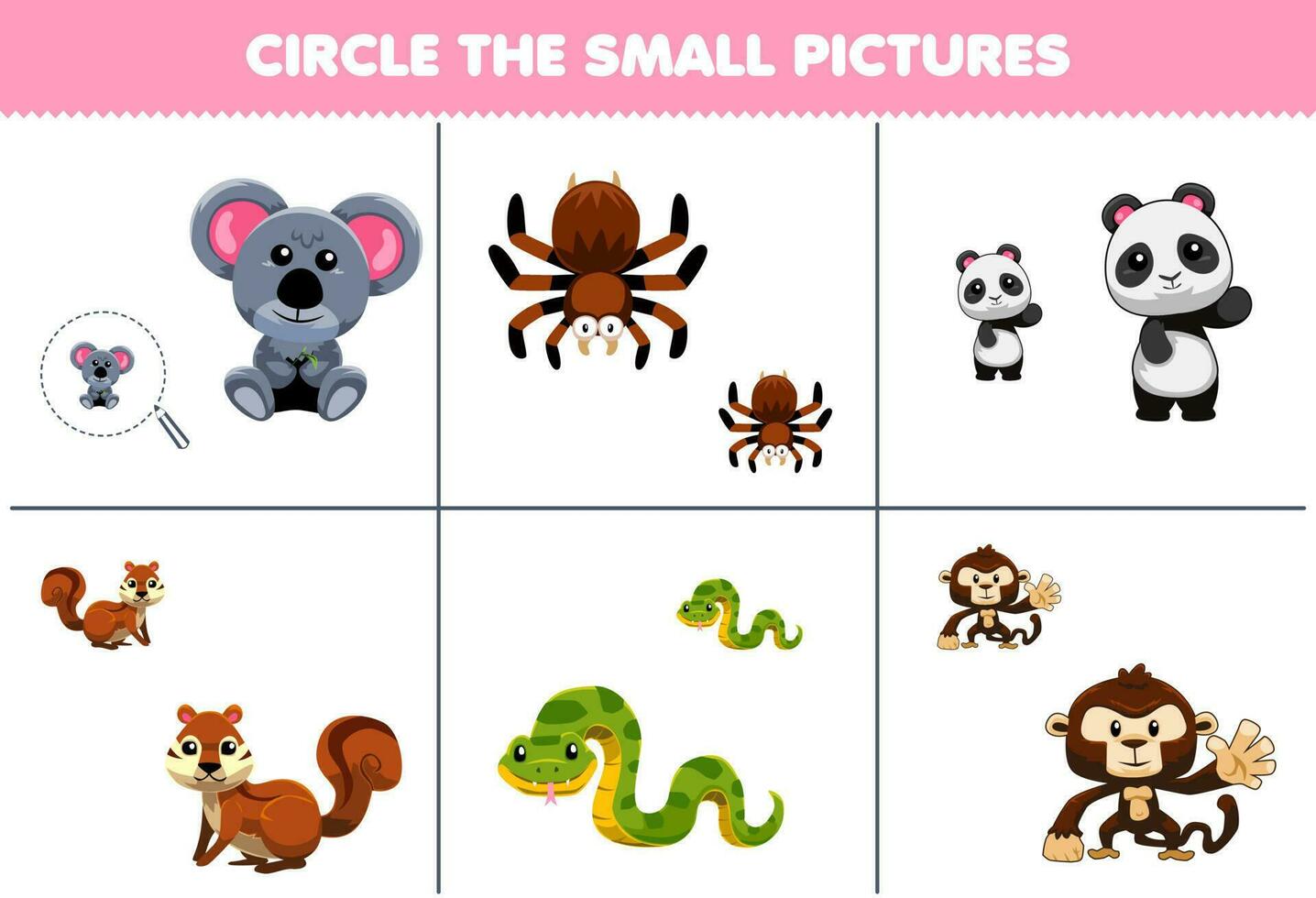 Bildung Spiel zum Kinder Kreis das klein Bild von süß Karikatur Koala Spinne Panda Eichhörnchen Schlange Affe druckbar Tier Arbeitsblatt vektor