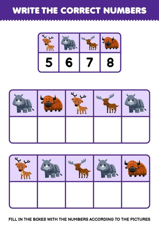 Bildung Spiel zum Kinder schreiben das richtig Zahlen im das Box gemäß zu das süß Karikatur Hirsch Nashorn Elch Yak auf das Tabelle druckbar Tier Arbeitsblatt vektor