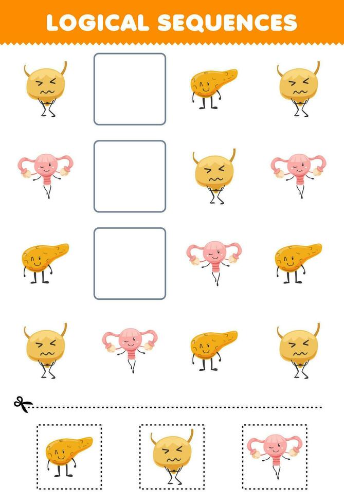 Bildung Spiel zum Kinder logisch Sequenzen zum Kinder mit süß Karikatur Pankreas Blase Gebärmutter druckbar Anatomie Arbeitsblatt vektor