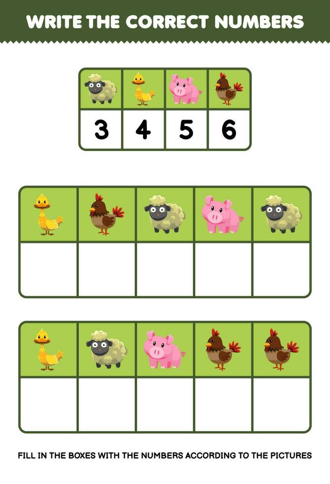 utbildning spel för barn skriva de rätt tal i de låda enligt till de söt tecknad serie får Anka gris kyckling på de tabell tryckbar djur- kalkylblad vektor