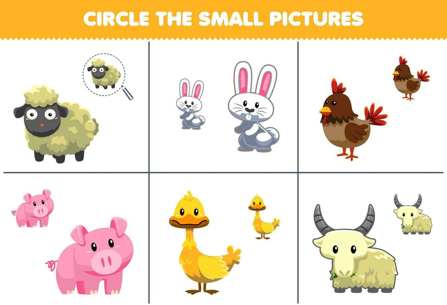 Bildung Spiel zum Kinder Kreis das klein Bild von süß Karikatur Schaf Hase Hähnchen Schwein Ente Ziege druckbar Tier Arbeitsblatt vektor