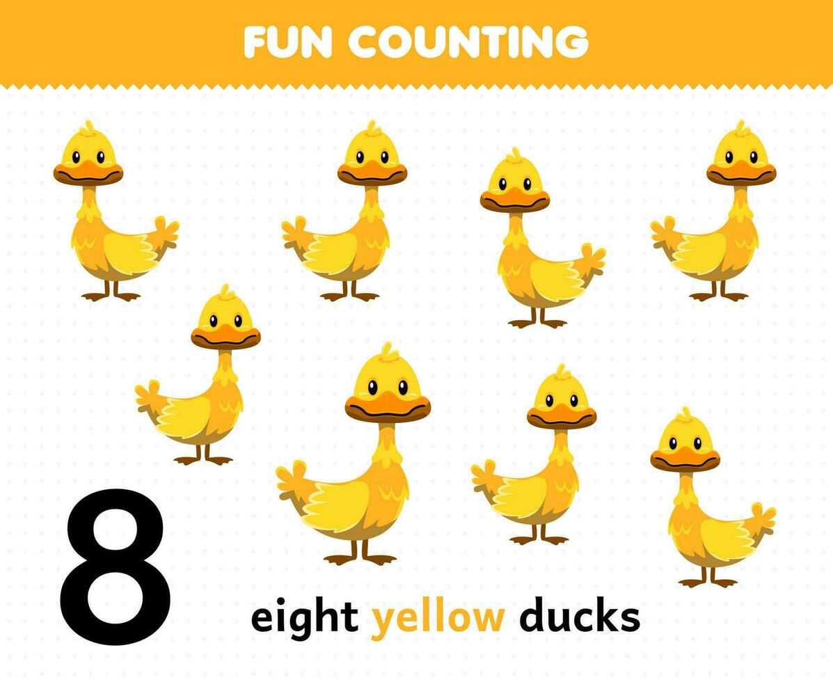 utbildning spel för barn roligt räkning söt tecknad serie åtta gul ankor tryckbar djur- kalkylblad vektor