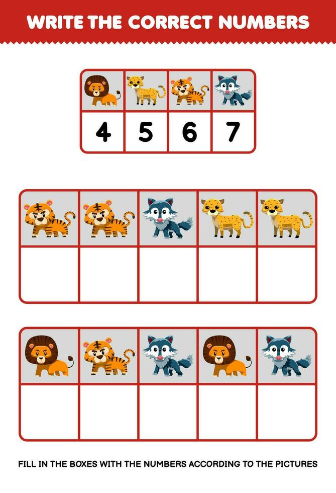 utbildning spel för barn skriva de rätt tal i de låda enligt till de söt tecknad serie lejon gepard tiger Varg på de tabell tryckbar djur- kalkylblad vektor