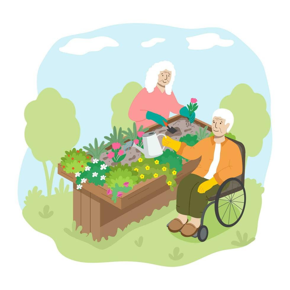 ein Alten Frau und ein Alten Mann im ein Rollstuhl nehmen Pflege von das Pflanzen im das therapeutisch Gemüse Garten. vektor