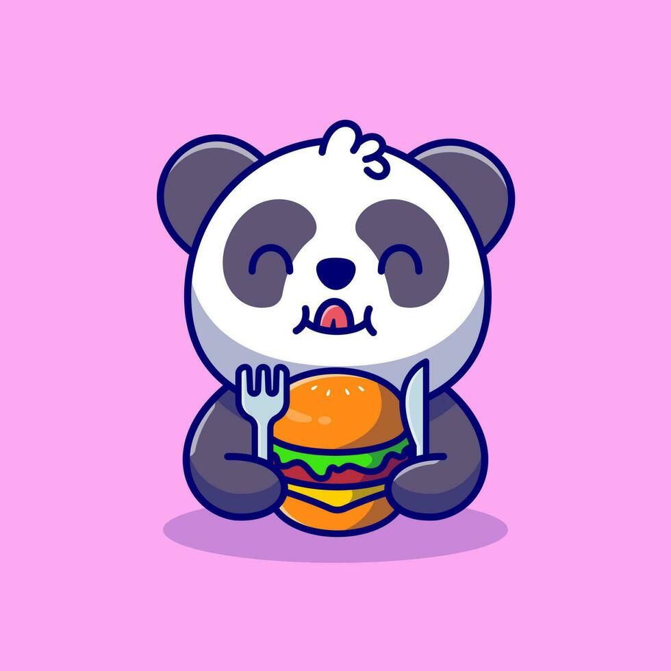 süß Panda Essen Burger mit Gabel und Messer Karikatur Vektor Symbol Illustration. Tier Essen Symbol Konzept isoliert Prämie Vektor. eben Karikatur Stil