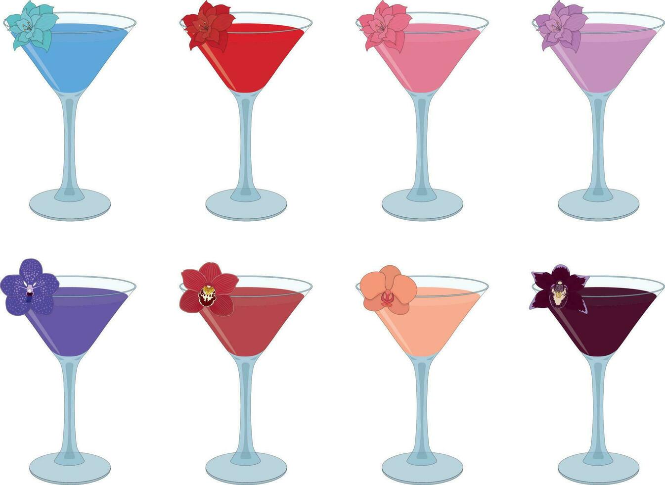alkohol cocktails dekorerad med blomma garnering samling vektor illustration