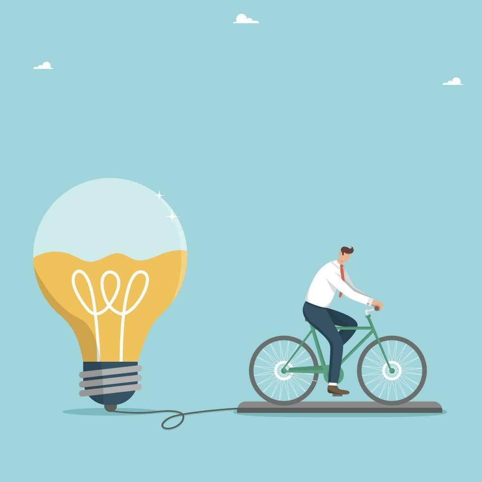 kreativ närma sig och intelligens till lösning företag problem, genial idéer för lösning komplex problem, metoder eller sätt till uppnå mål, man på cykel fyllningar med energi en ljus Glödlampa av idéer. vektor
