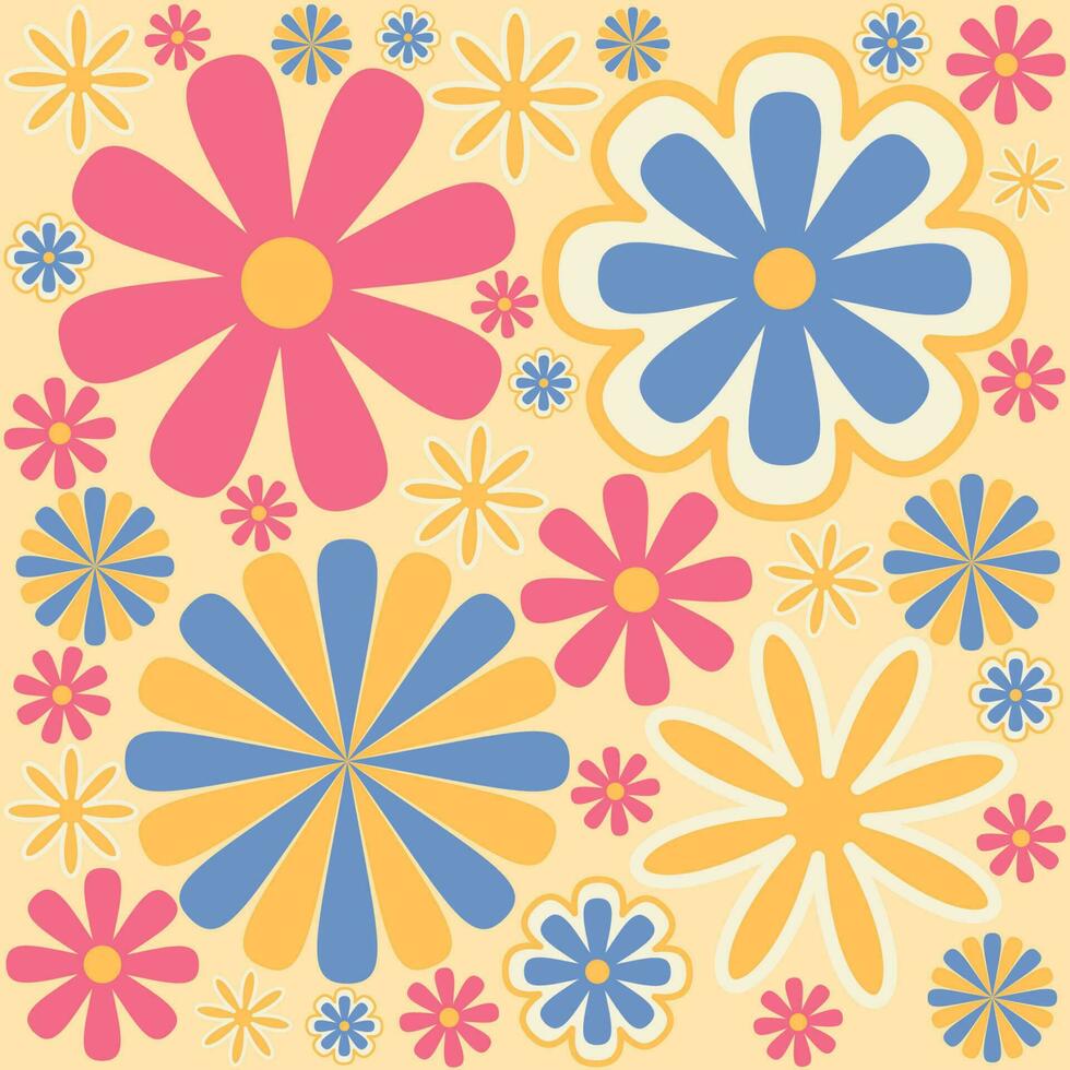 bunt 60er Jahre -70er Stil retro Hand gezeichnet Blumen- Muster. Rosa und Gelb Blumen. Jahrgang nahtlos Vektor Hintergrund. Hippie Stil, drucken zum Stoff, Badeanzug, Mode druckt und Oberfläche Design.