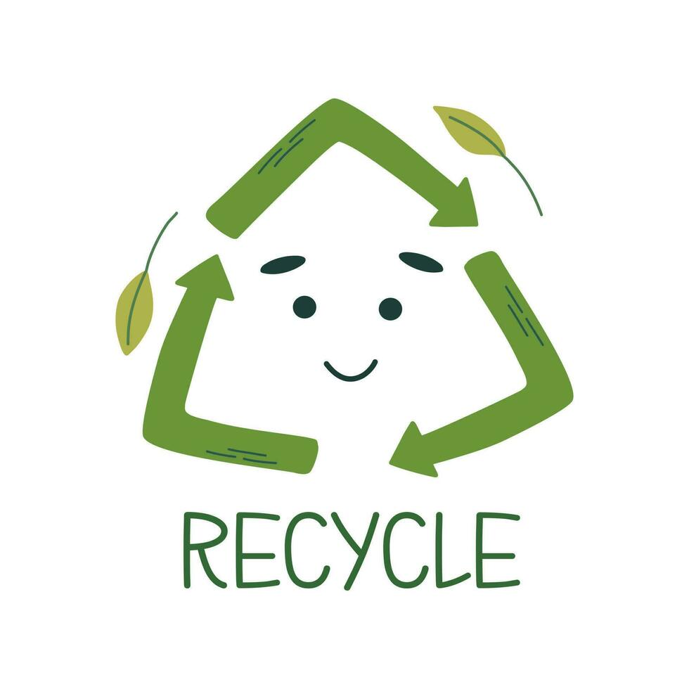 recyceln Symbol mit Grün Pfeile, lächelnd Gesicht, Blätter und Beschriftung. eben Stil Vektor Logo. Null Abfall, Umwelt Erhaltung Konzept.