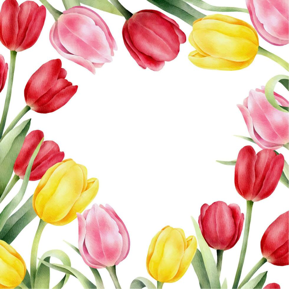 Rahmen mit rot Aquarell Tulpen und Grün Blatt. Hand gezeichnet Aquarell Illustration vektor