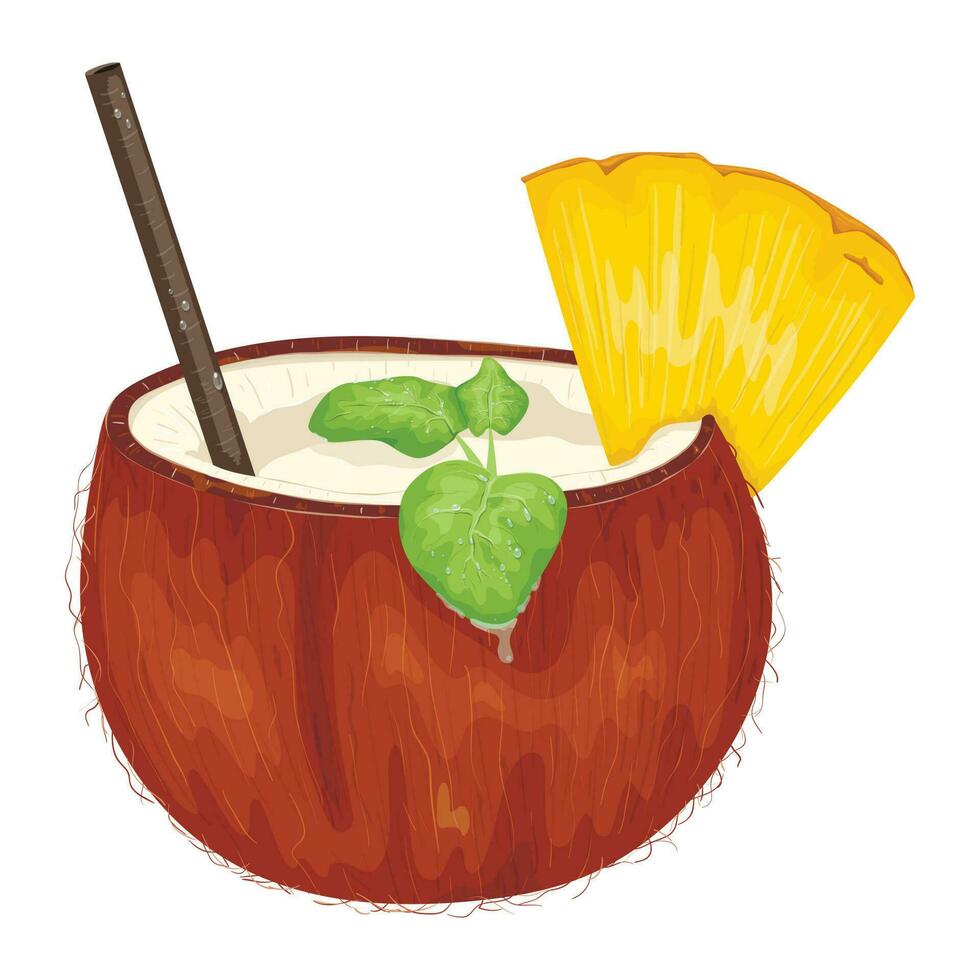 Vektor Illustration von ein Cocktail gemacht von ein Hälfte von ein gebrochen Kokosnuss. Kokosnuss Wasser oder Milch mit Stroh, Minze Blätter und Ananas Scheibe. Sommer- erfrischend trinken Symbol zum Strand oder Bar.