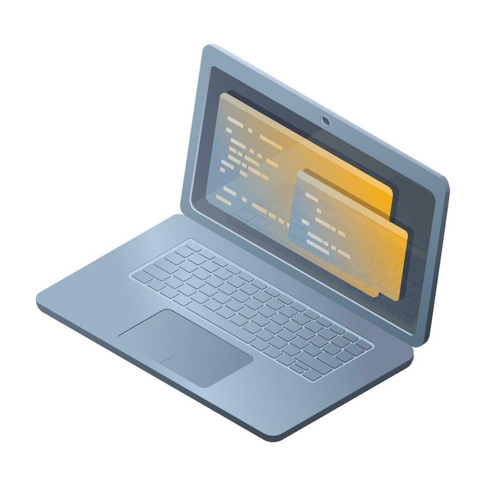 Vektor Illustration Laptop im isometrisch Stil. modern Gadget mit aufpoppen Information Fenster. das Konzept von Programmierung und Schreiben Software Code.