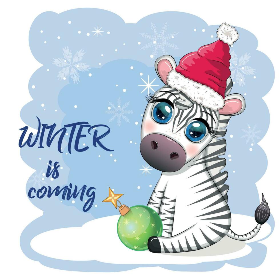 hälsning kort med söt zebra i santa hatt med jul boll, godis kane, gåva. vilda djur och växter högtider tecknad serie karaktär. vektor