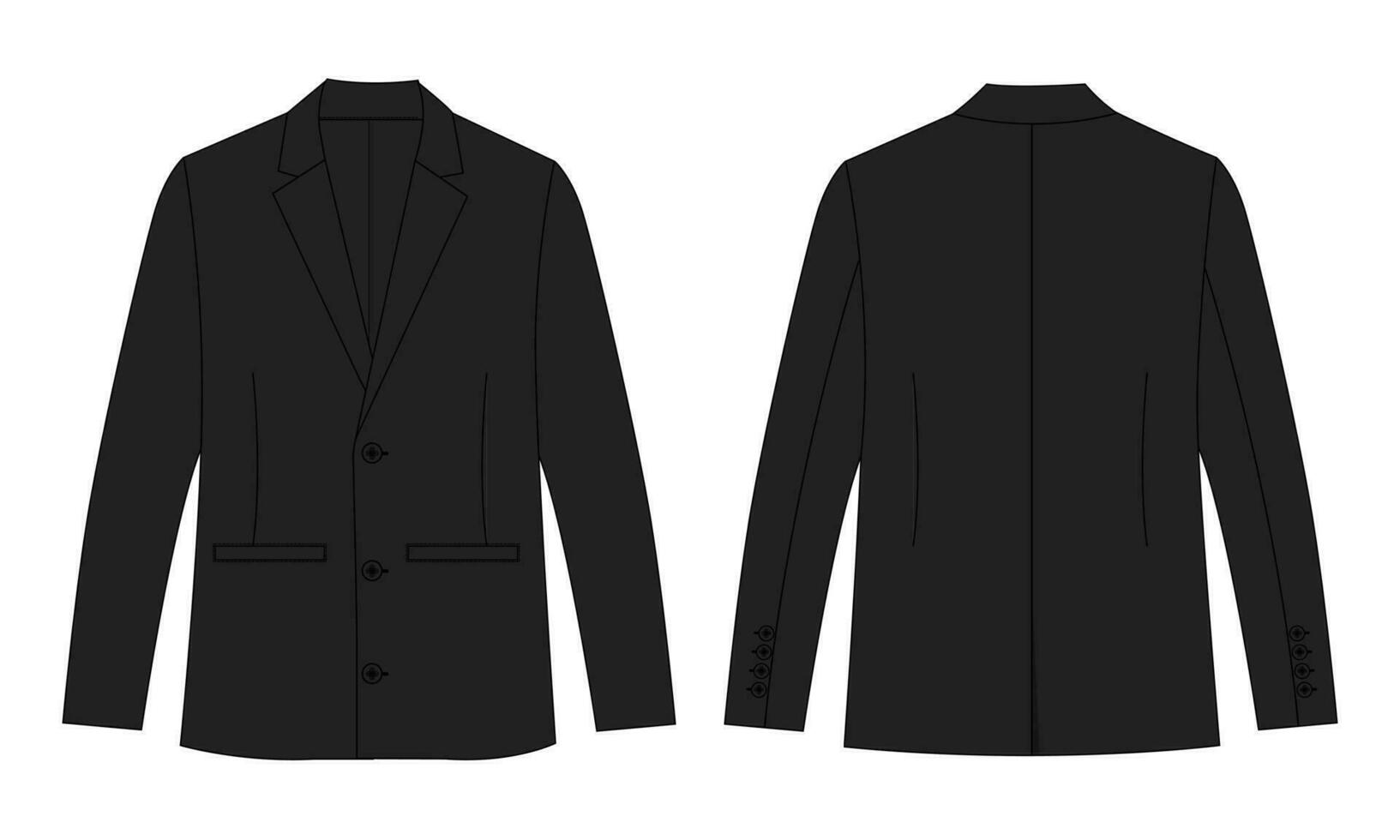 lång ärm svart Färg blazer kostym teknisk teckning mode platt skiss vektor illustration mall främre och tillbaka visningar isolerat på vit bakgrund