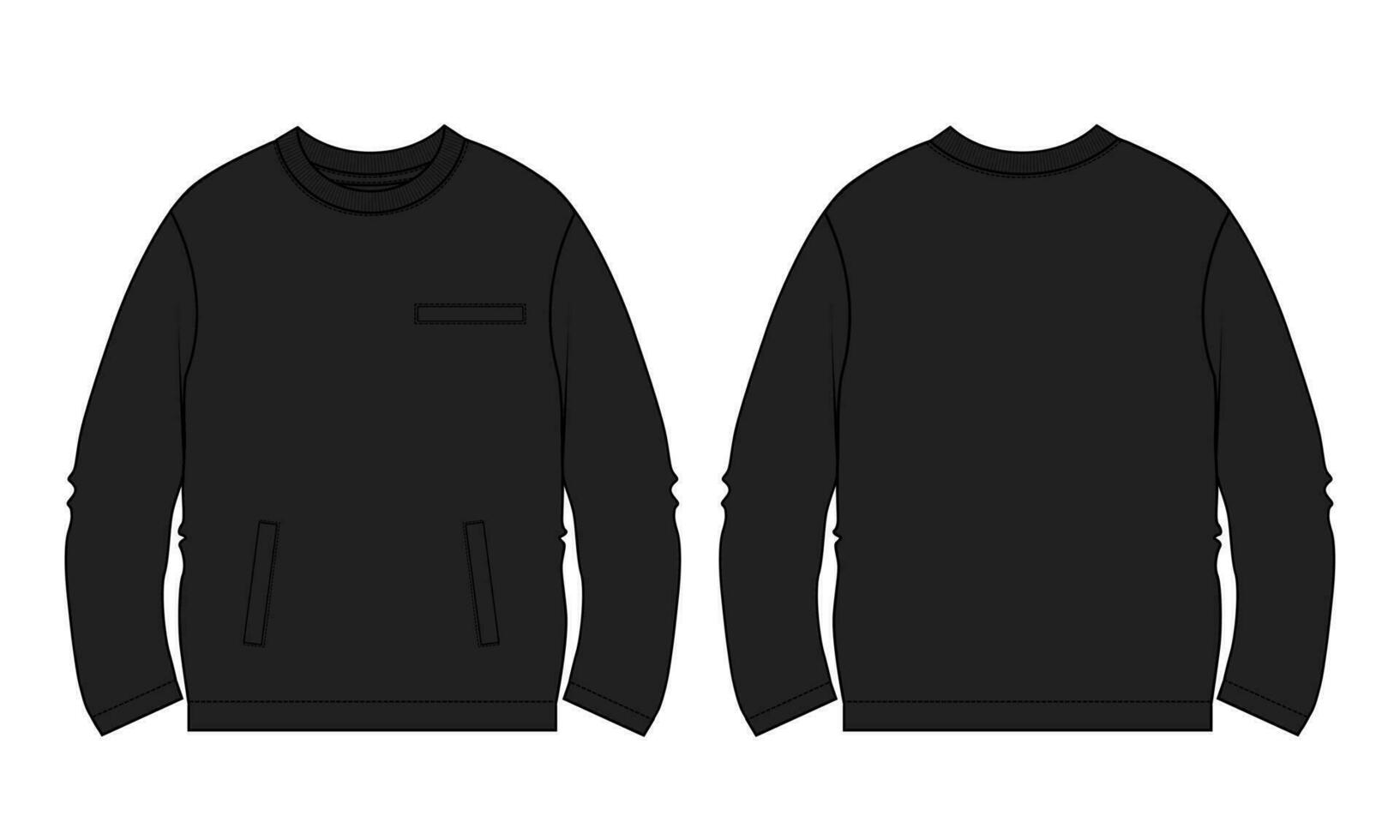 lång ärm tröja teknisk teckning mode platt skiss vektor illustration svart Färg mall främre och tillbaka vyer.