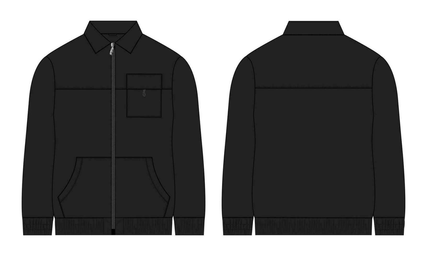 lange Ärmel Jacke mit Tasche und Reißverschluss technisch Mode eben skizzieren Vektor Illustration schwarz Farbe Vorlage Vorderseite und zurück Ansichten.