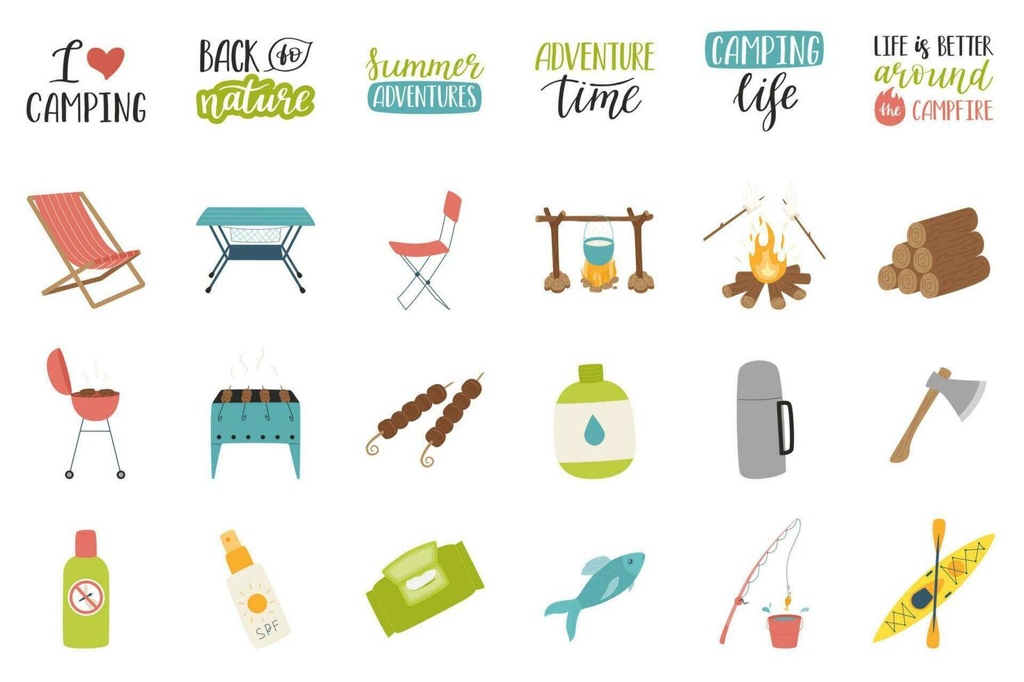 en uppsättning av dekorativ element och text på de tema av sommar, semester, turism, vandring, camping, picknick. hand dragen platt ikoner. Färg tecknad serie vektor illustration isolerat på en vit bakgrund