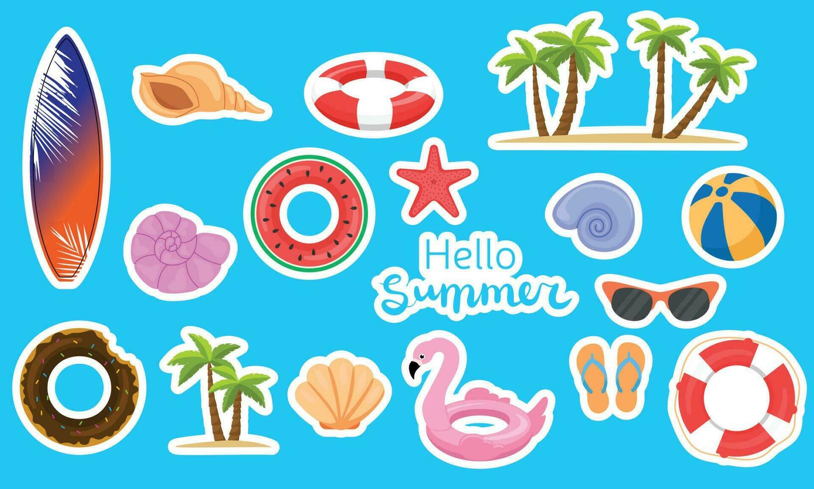 Sammlung von Hallo Sommer- Aufkleber oder Clip Kunst. Rettungsring, Ball, Hülse, Sonnenbrille, Palme, Flamingo Hilfe Ring, Surfbrett. Vektor Illustration.