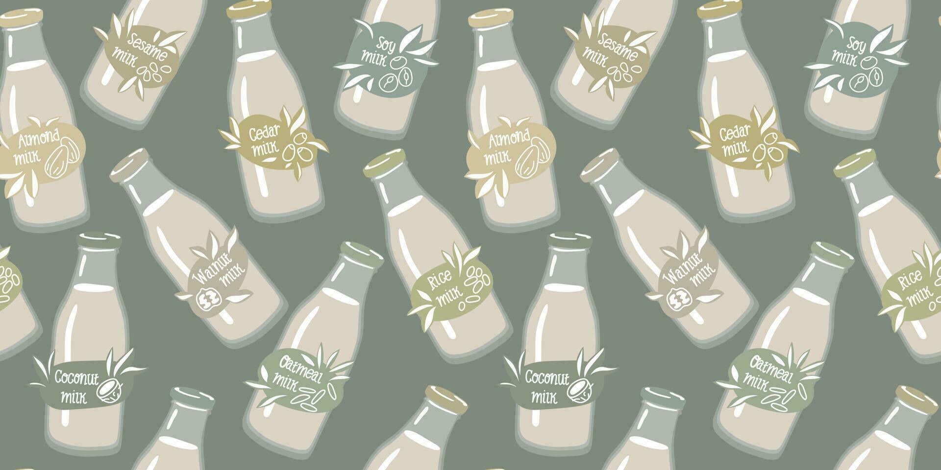 en mönster av glas flaskor med vegetabiliska mjölk etiketter. kokos, mandlar, soja, valnöt, ris, gröt, etc. vektor bakgrund för utskrift på textilier och papper. företag, marknadsföring, vegetarian