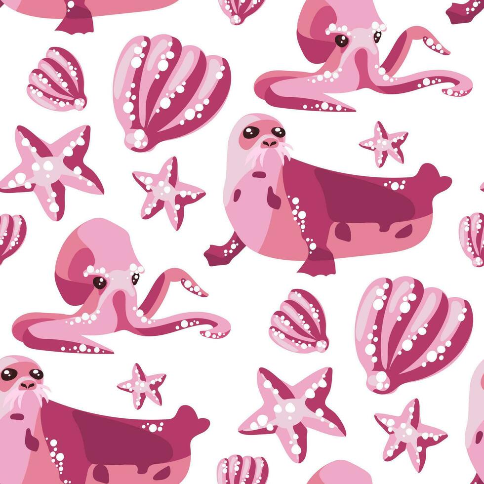 vektor skriva ut med en sömlös mönster av rosa bläckfisk, täta, skal, stjärna på en vit bakgrund. marin djur simma. design av vektor illustrationer för modern tyger, textil- grafik, grafik