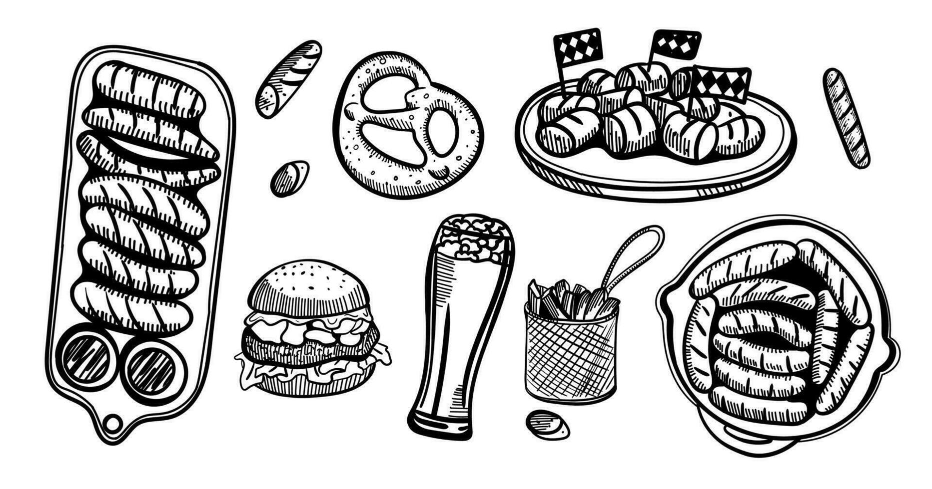 de sammansättning av drycker och snacks. uppsättning mat och öl i en glas, mugg, kopp och burk. hand teckning grafisk slag, rader skiss för oktoberfest eller meny de restaurang, pub, bistro, mellanmål bar, vektor