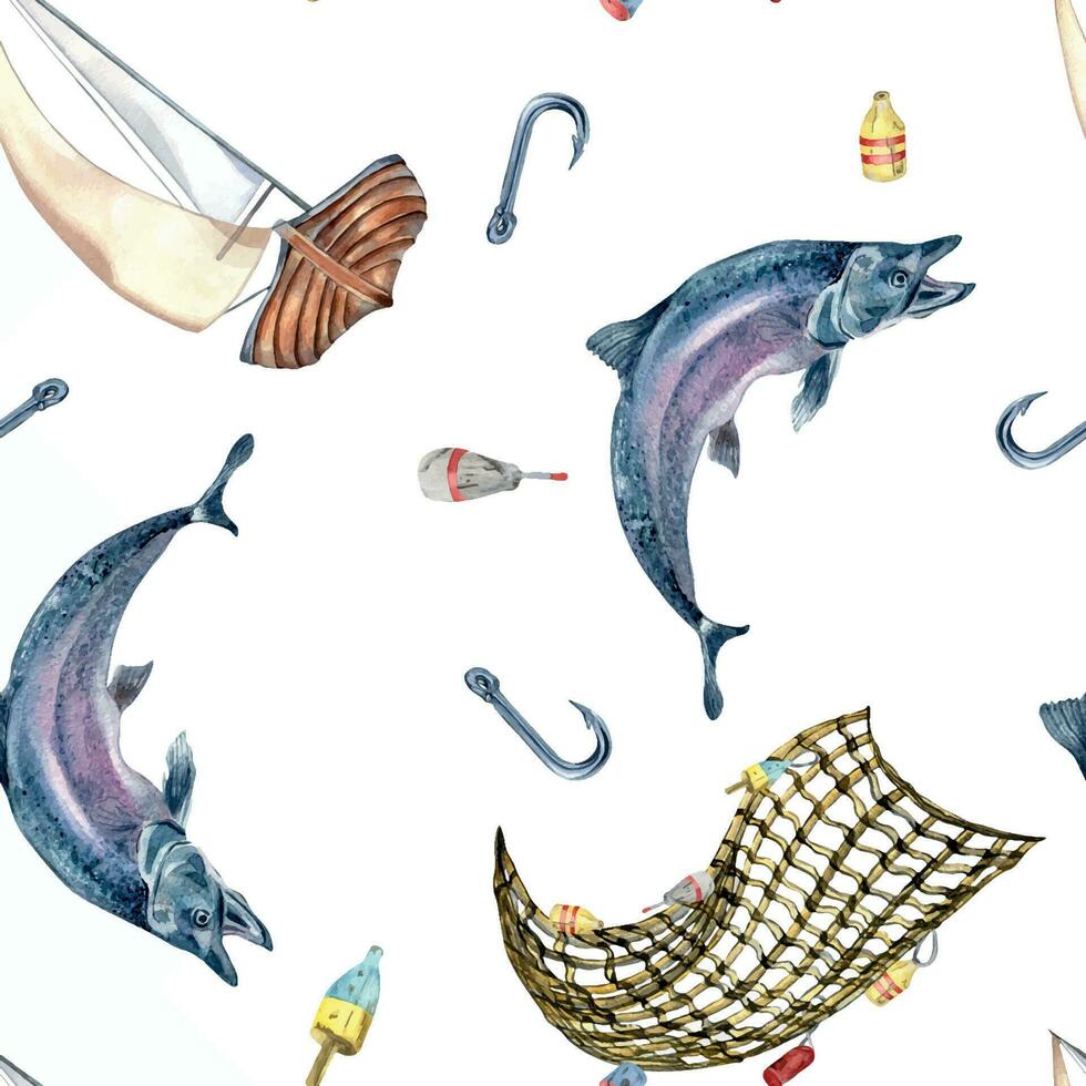 nahtlos Muster von Meer Fisch und segeln Boot Aquarell Illustration isoliert auf Weiß. Angeln Boot und Lachs, Forelle Hand gezeichnet. Design Element zum Textil, Verpackung, Verpackung, Hintergrund, Markt vektor