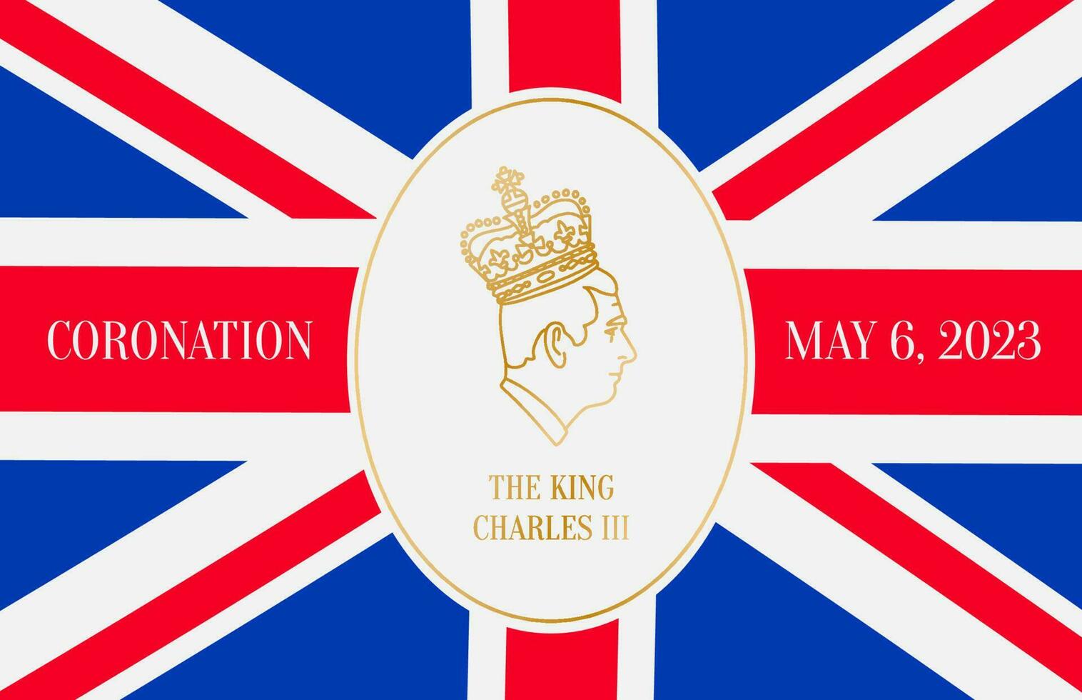 König Charles iii London, Vereinigtes Königreich - - 6 kann 2023 Krönung Banner mit golden linear Porträt von das König. Vektor Illustration zum Banner und Karten.