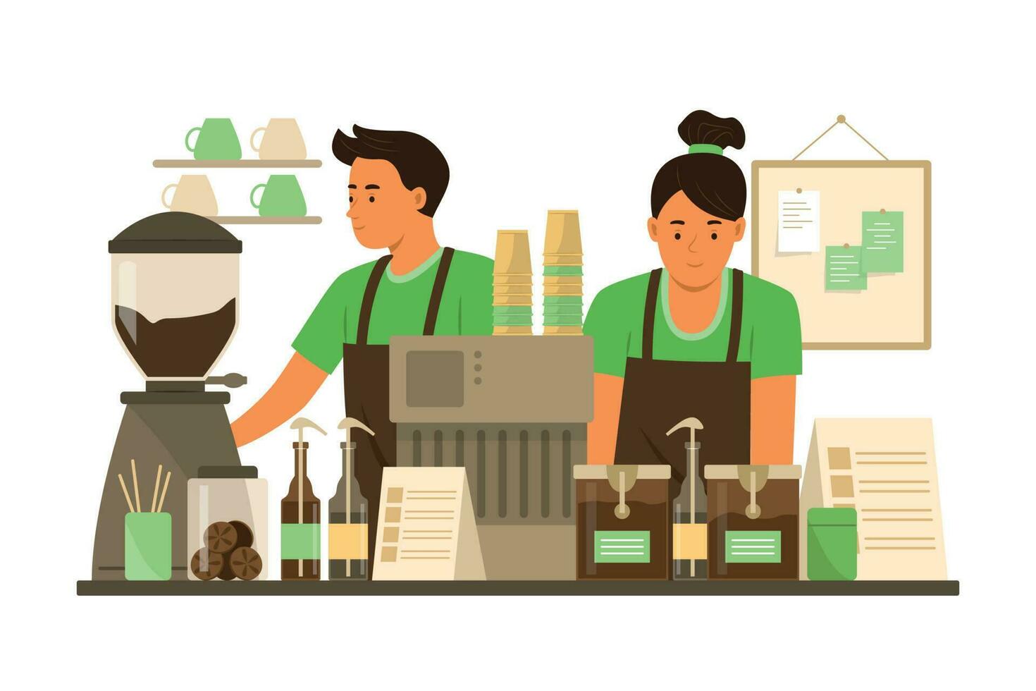 Barista man och kvinna framställning kaffe på bar disken i kaffe affär vektor