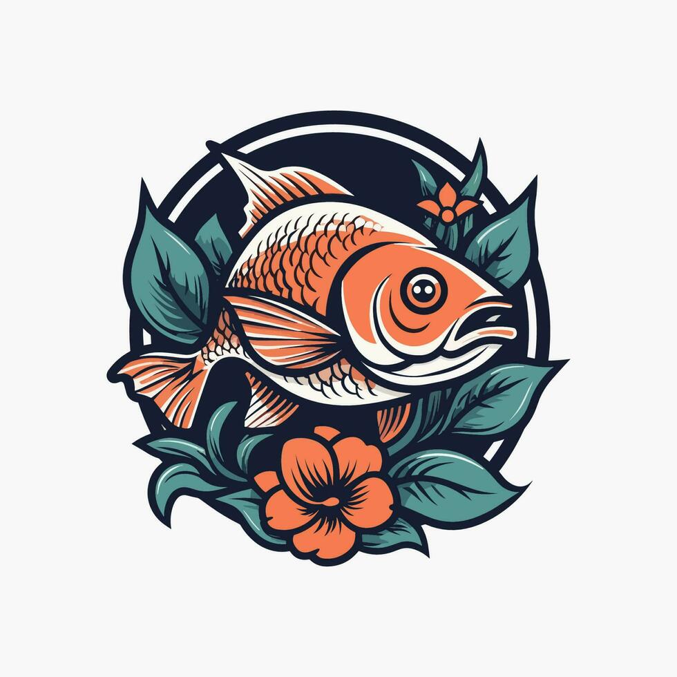 ein schön Fisch umgeben durch Blumen im ein Logo Illustration, perfekt zum ein Natur inspiriert Marke vektor