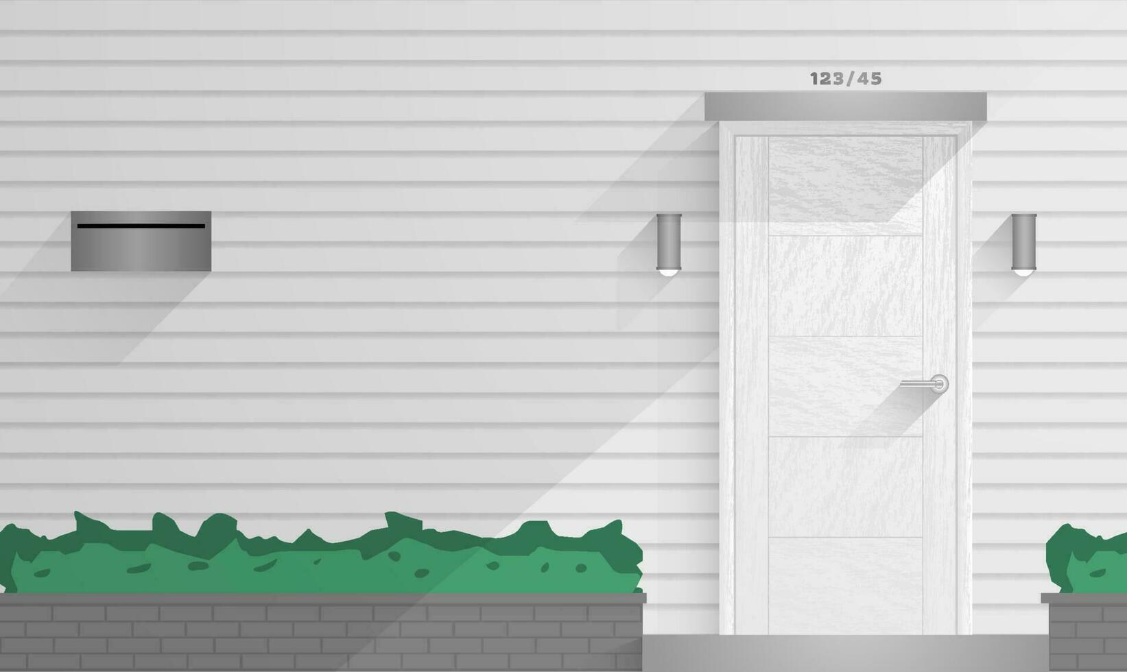 Eingang Jahrgang Haus. Vorderseite Residenz Weiß Holz Tür Wand, Metall Lampe Briefkasten mit Pflanze Tor. Weiß die Architektur Elevation mit Schatten. vektor