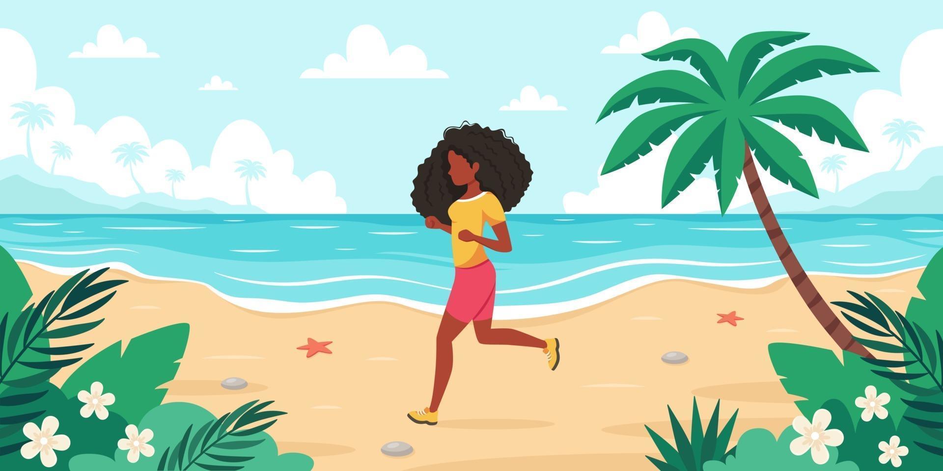 Freizeit am Strand. schwarze Frau beim Joggen. Sommerzeit. Vektorillustration vektor