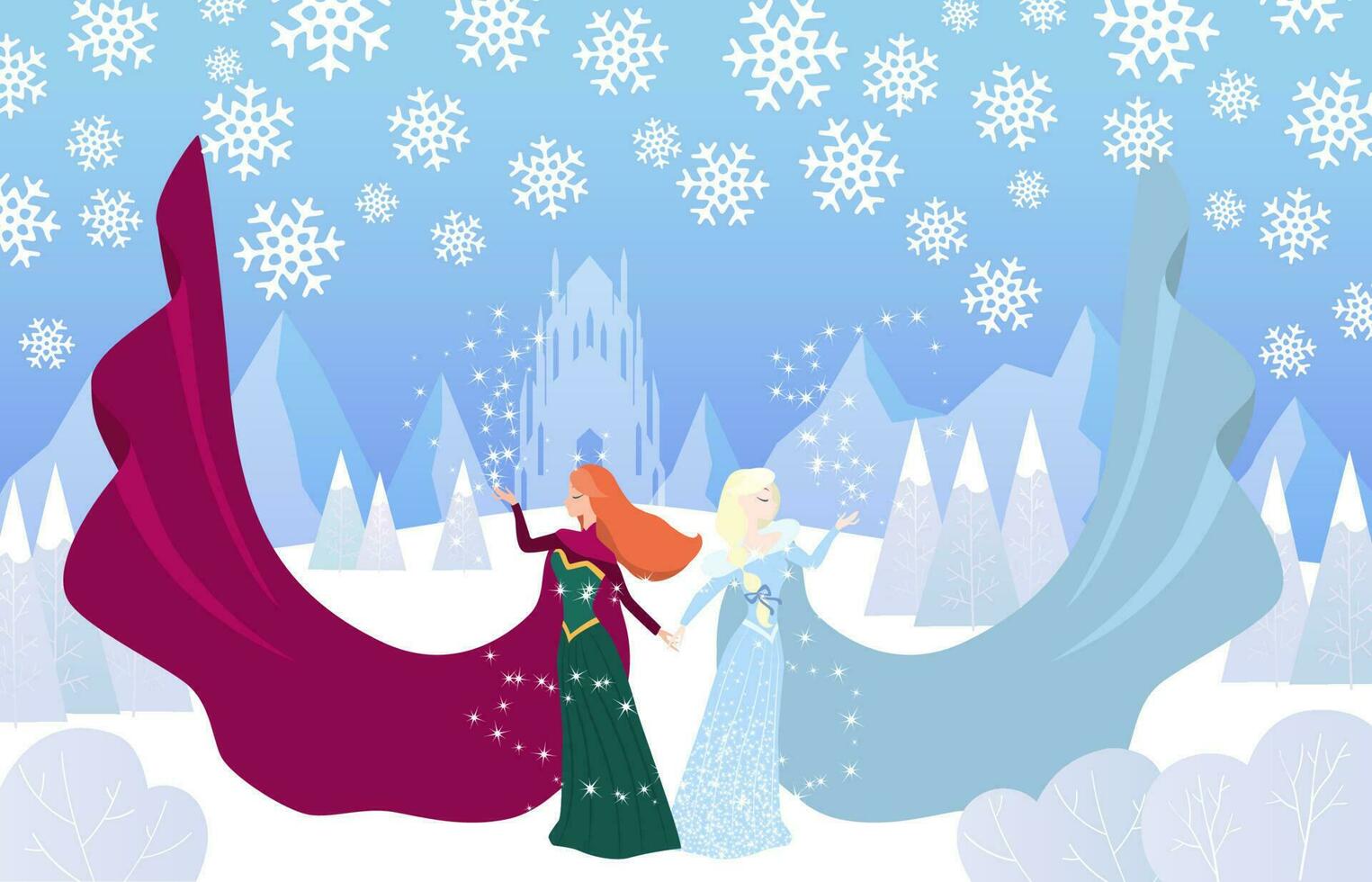 prinsessa systrar spela magisk snöflingor i vinter- slott vektor