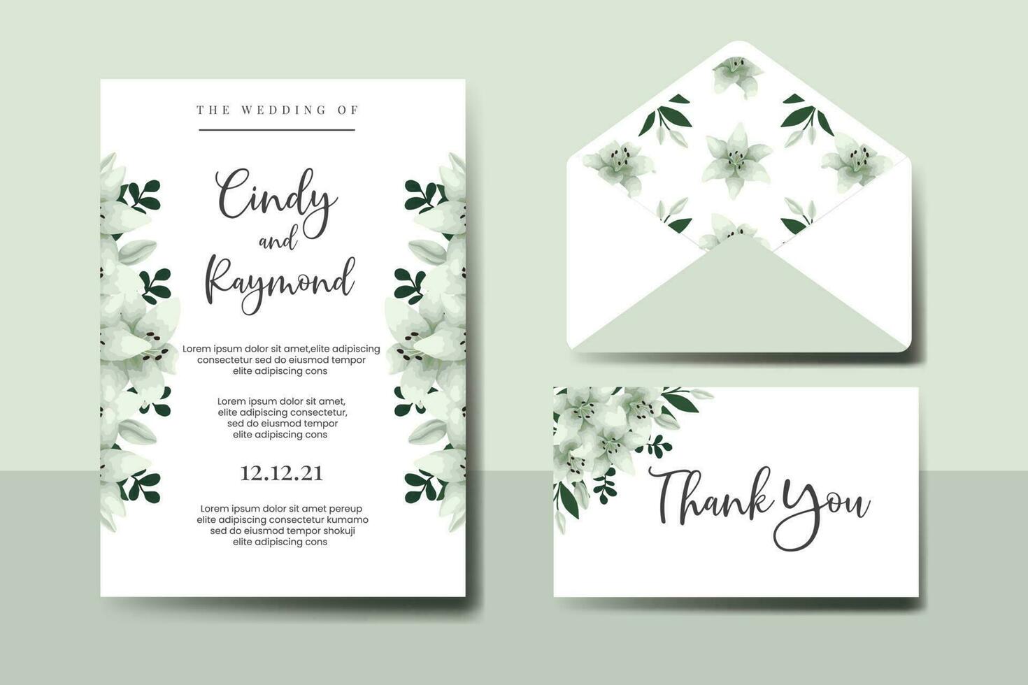 Hochzeit Einladung Rahmen Satz, Blumen- Aquarell Digital Hand gezeichnet Weiß Lilie Blume Design Einladung Karte Vorlage vektor