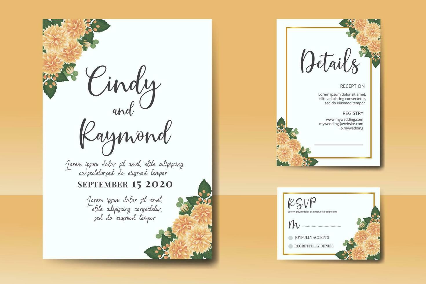 bröllop inbjudan ram uppsättning, blommig vattenfärg digital hand dragen orange dahlia blomma design inbjudan kort mall vektor