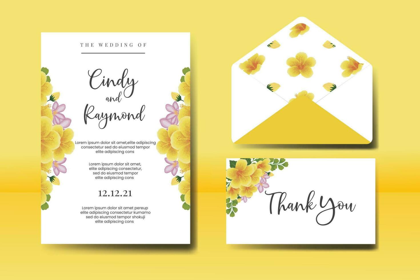bröllop inbjudan ram uppsättning, blommig vattenfärg digital hand dragen gul hibiskus blomma design inbjudan kort mall vektor