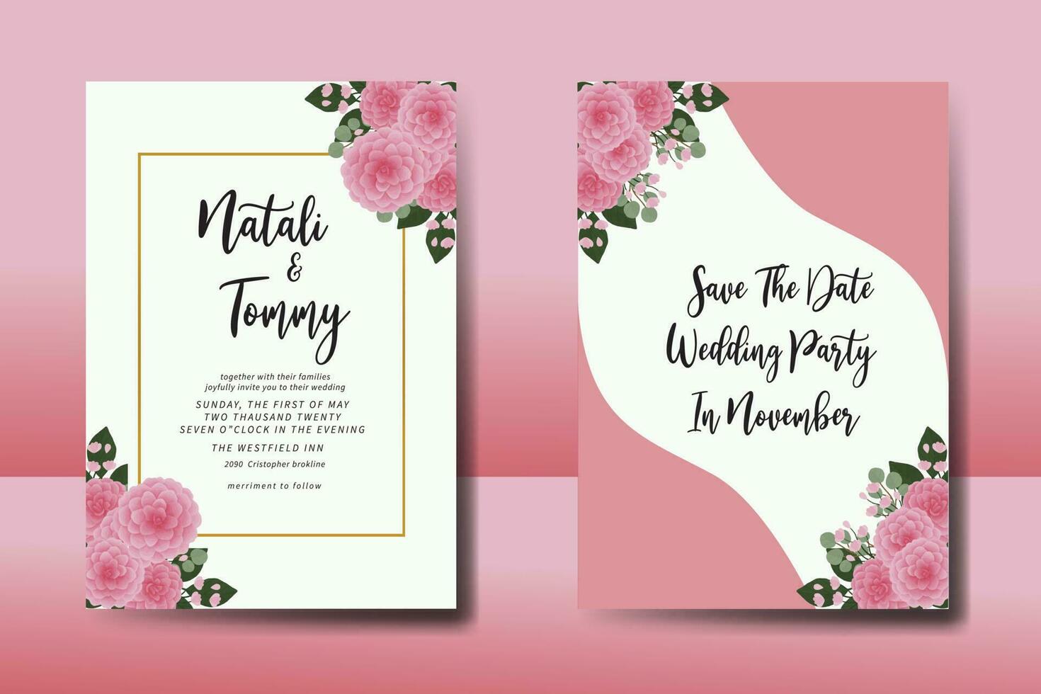 bröllop inbjudan ram uppsättning, blommig vattenfärg digital hand dragen rosa dahlia blomma design inbjudan kort mall vektor