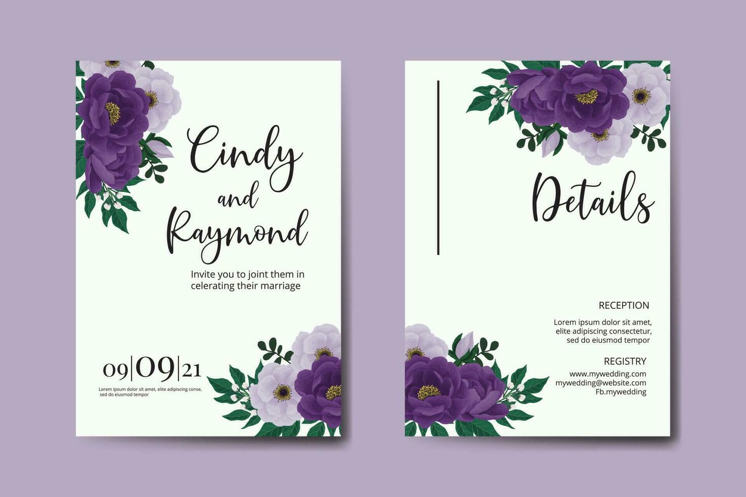 Hochzeitseinladungs-Rahmen-Set, Blumenaquarell digitale handgezeichnete lila Pfingstrose Blumen-Design-Einladungskarten-Vorlage vektor