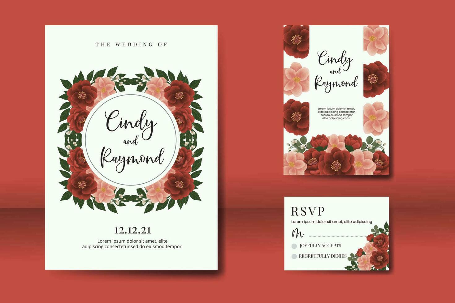 Hochzeit Einladung Rahmen Satz, Blumen- Aquarell Digital Hand gezeichnet rot Kamelie Blume Design Einladung Karte Vorlage vektor