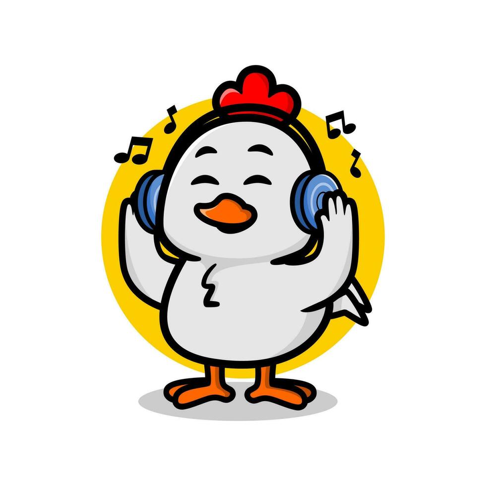 söt kyckling lyssnande musik maskot illustration. söt djur- vektor illustration.